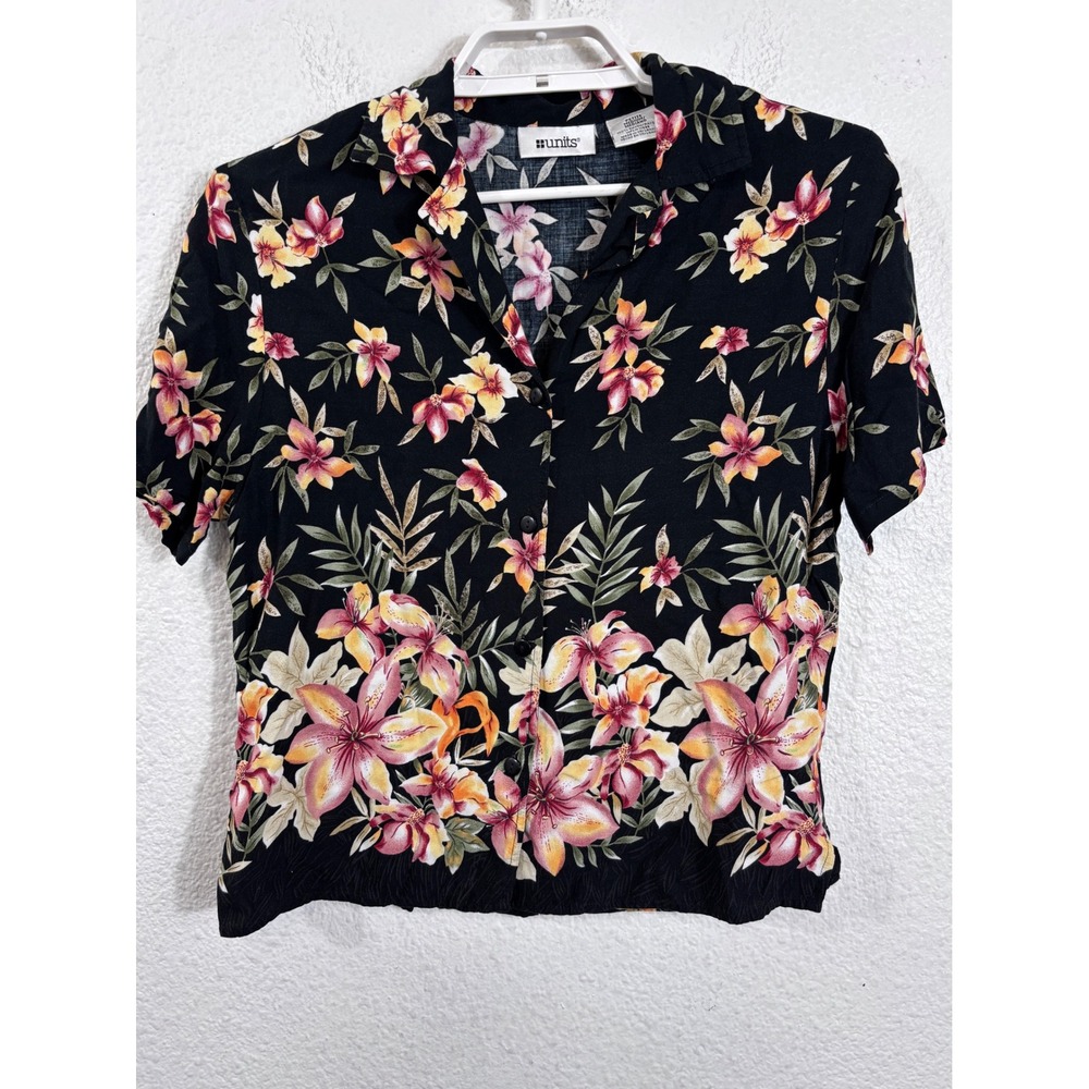 Units Floral Button Up Shirt Womens Petite Medium Black Hawaiian Vintage